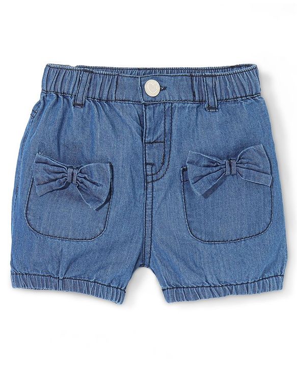 Babyhug Cotton Mid Thigh Denim Washed Shorts With Bow Applique - Dark Blue