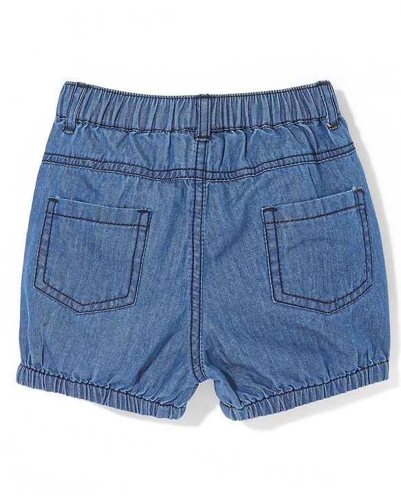 Babyhug Cotton Mid Thigh Denim Washed Shorts With Bow Applique - Dark Blue