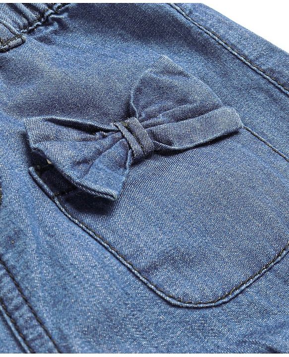 Babyhug Cotton Mid Thigh Denim Washed Shorts With Bow Applique - Dark Blue