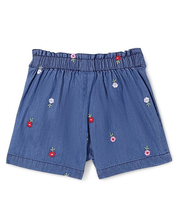 Babyhug Cotton Denim Mid Thigh Floral Embroidery Shorts - Blue