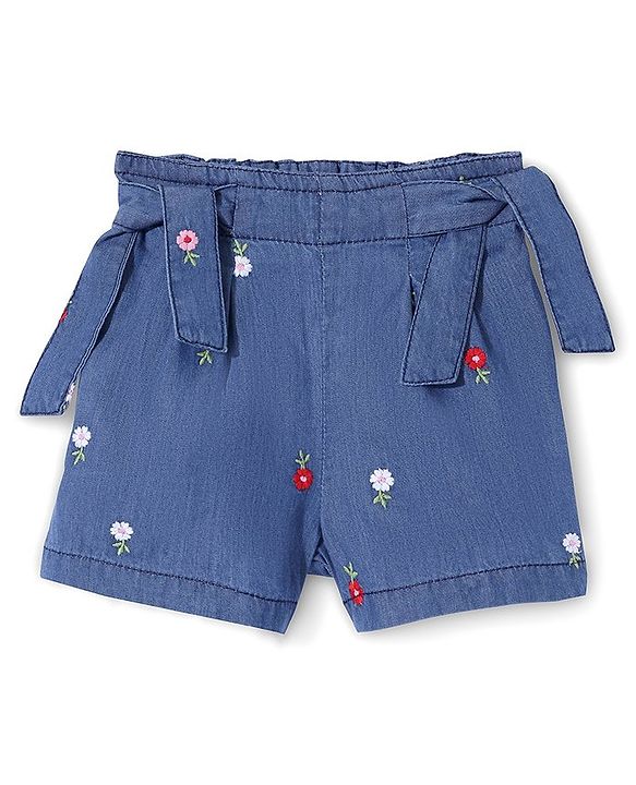 Babyhug Cotton Denim Mid Thigh Floral Embroidery Shorts - Blue