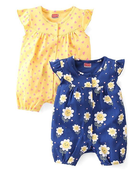 Babyhug 100% Cotton Knit Frill Sleeves Romper Floral & Heart Print Pack of 2 - Blue & Yellow