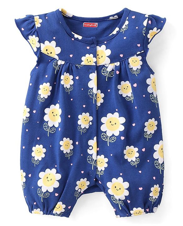Babyhug 100% Cotton Knit Frill Sleeves Romper Floral & Heart Print Pack of 2 - Blue & Yellow