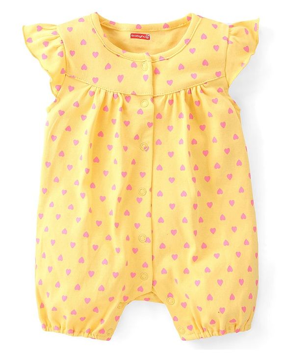 Babyhug 100% Cotton Knit Frill Sleeves Romper Floral & Heart Print Pack of 2 - Blue & Yellow