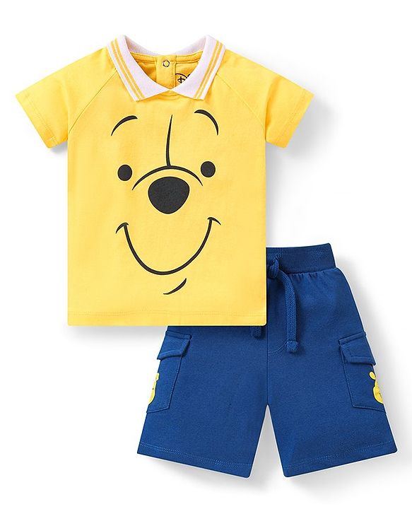 Babyhug Disney Single Jersey Knit Half Sleeves T-Shirt And Shorts Set With Winnie The Pooh Graphics - Yellow & Blue