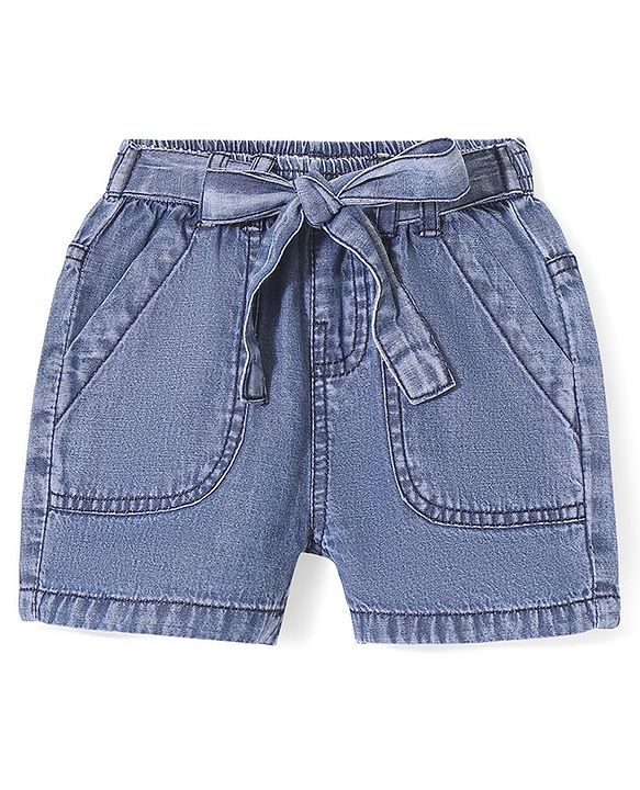 Babyhug Cotton Mid Thigh Washed Denim Shorts with Bow Detailing Solid Colour - Blue