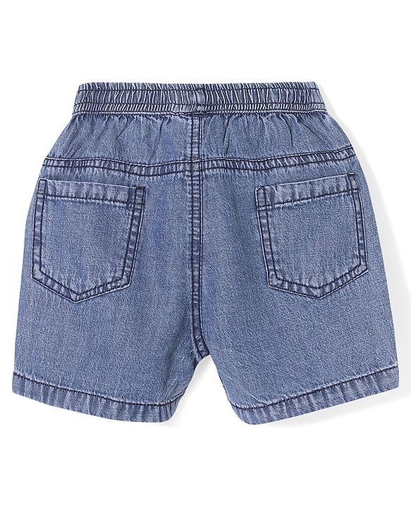 Babyhug Cotton Mid Thigh Washed Denim Shorts with Bow Detailing Solid Colour - Blue