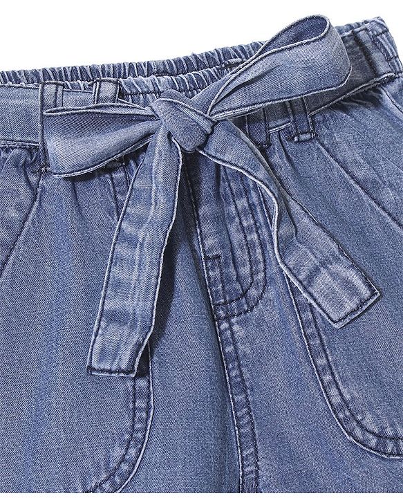 Babyhug Cotton Mid Thigh Washed Denim Shorts with Bow Detailing Solid Colour - Blue