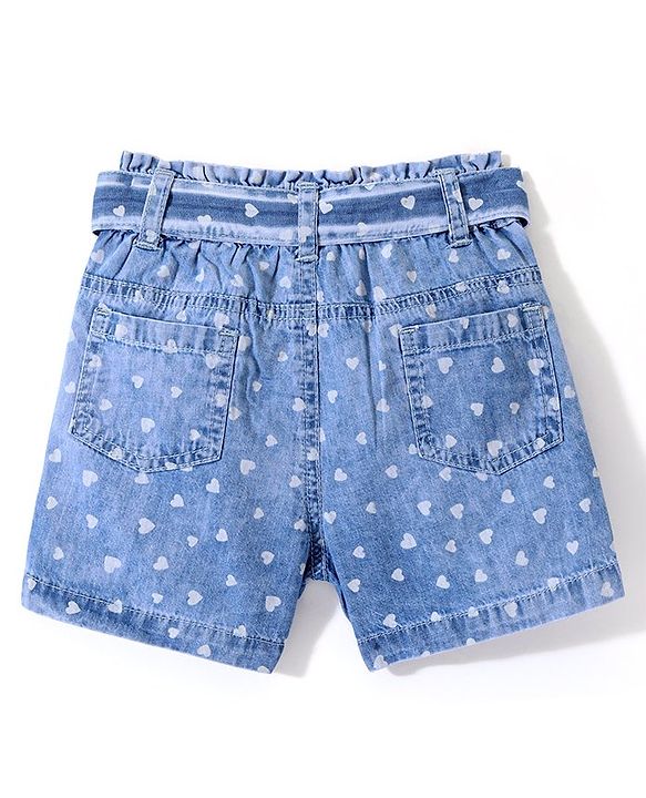 Babyhug  Mid Thigh Denim  Shorts Hearts Print with Belt Detailing - Blue
