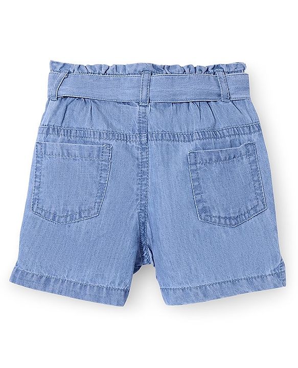 Babyhug Cotton Denim Mid Thigh Washed Shorts Floral Embroidery - Blue