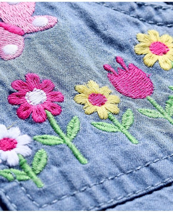 Babyhug Cotton Denim Mid Thigh Washed Shorts Floral Embroidery - Blue