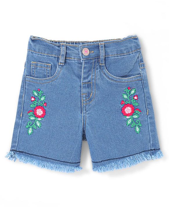Babyhug Cotton Mid Thigh Denim Washed Shorts with Stretch Floral Embroidered - Blue