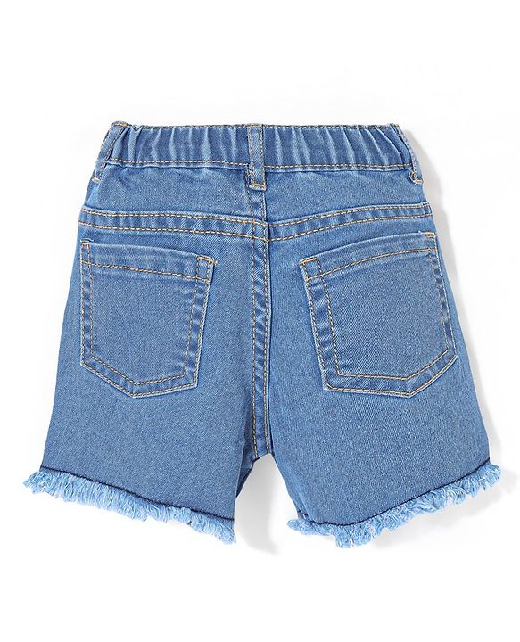 Babyhug Cotton Mid Thigh Denim Washed Shorts with Stretch Floral Embroidered - Blue