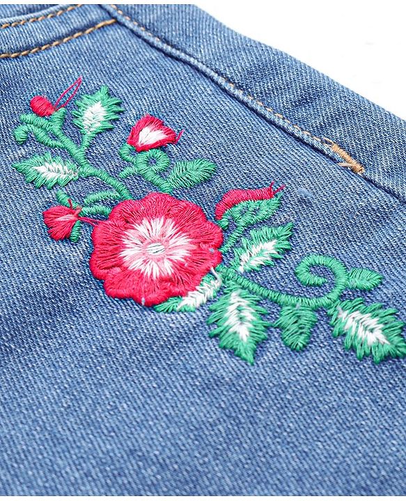 Babyhug Cotton Mid Thigh Denim Washed Shorts with Stretch Floral Embroidered - Blue