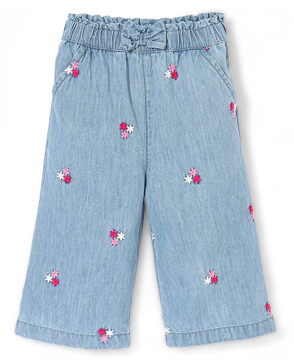 Babyhug Cotton Ankle Length Denim Culottes Floral Embroidered - Blue