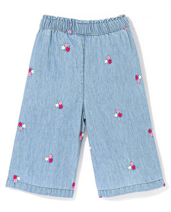 Babyhug Cotton Ankle Length Denim Culottes Floral Embroidered - Blue