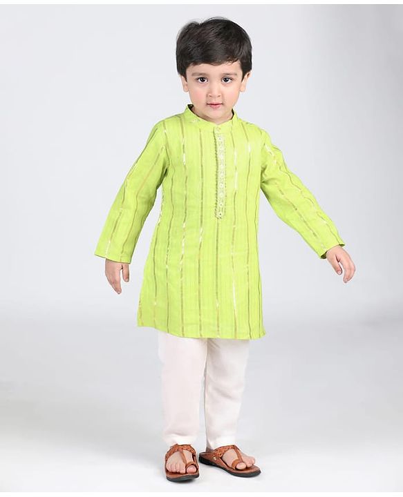 Babyhug Cotton Full Sleeves Striped Kurta Pyjama Set - Lime Green