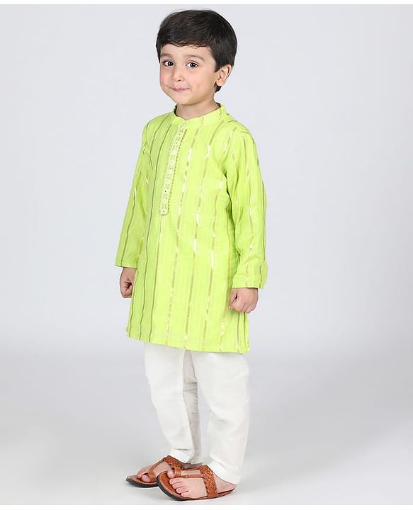 Babyhug Cotton Full Sleeves Striped Kurta Pyjama Set - Lime Green