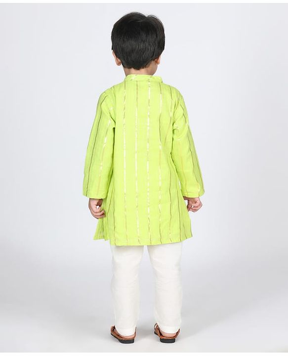 Babyhug Cotton Full Sleeves Striped Kurta Pyjama Set - Lime Green