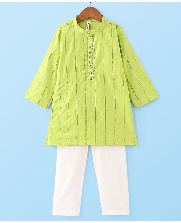Babyhug Cotton Full Sleeves Striped Kurta Pyjama Set - Lime Green