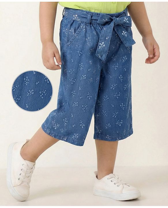 Babyhug Cotton Denim Ankle Length Floral Print Culottes with Bow Detailing - Blue