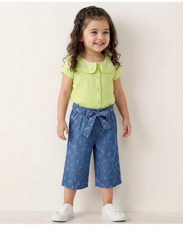 Babyhug Cotton Denim Ankle Length Floral Print Culottes with Bow Detailing - Blue