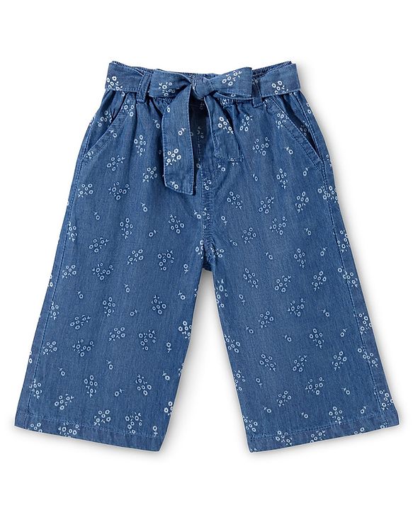 Babyhug Cotton Denim Ankle Length Floral Print Culottes with Bow Detailing - Blue