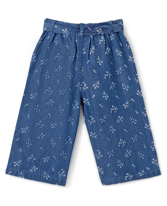 Babyhug Cotton Denim Ankle Length Floral Print Culottes with Bow Detailing - Blue