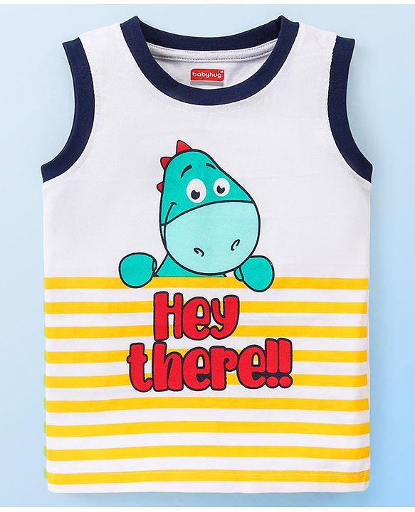 Babyhug Cotton Sleeveless T-Shirt With Animal & Text Graphics - White
