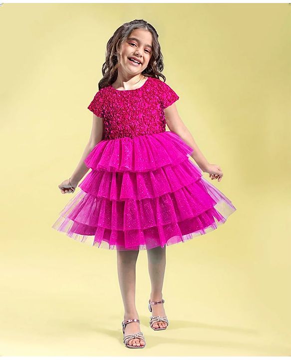 Babyhug Woven Half Sleeves Layered Party Dress with Floral Applique - Dark Pink