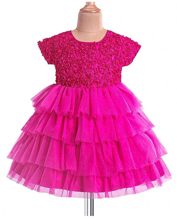 Babyhug Woven Half Sleeves Layered Party Dress with Floral Applique - Dark Pink