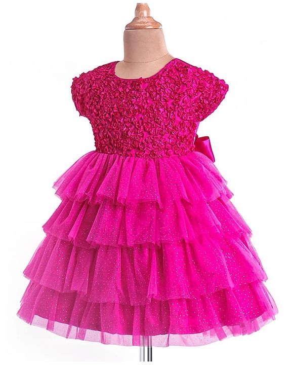 Babyhug Woven Half Sleeves Layered Party Dress with Floral Applique - Dark Pink