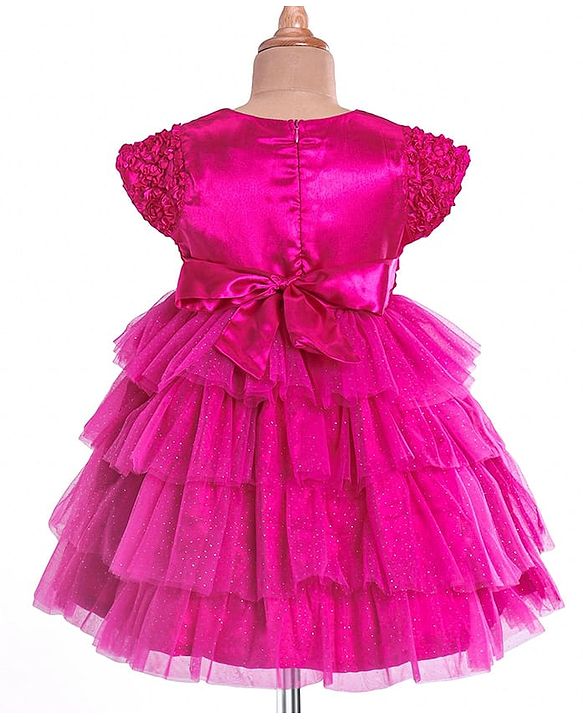 Babyhug Woven Half Sleeves Layered Party Dress with Floral Applique - Dark Pink