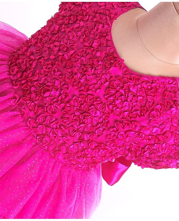 Babyhug Woven Half Sleeves Layered Party Dress with Floral Applique - Dark Pink