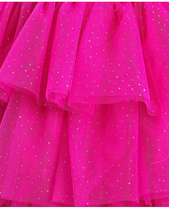 Babyhug Woven Half Sleeves Layered Party Dress with Floral Applique - Dark Pink