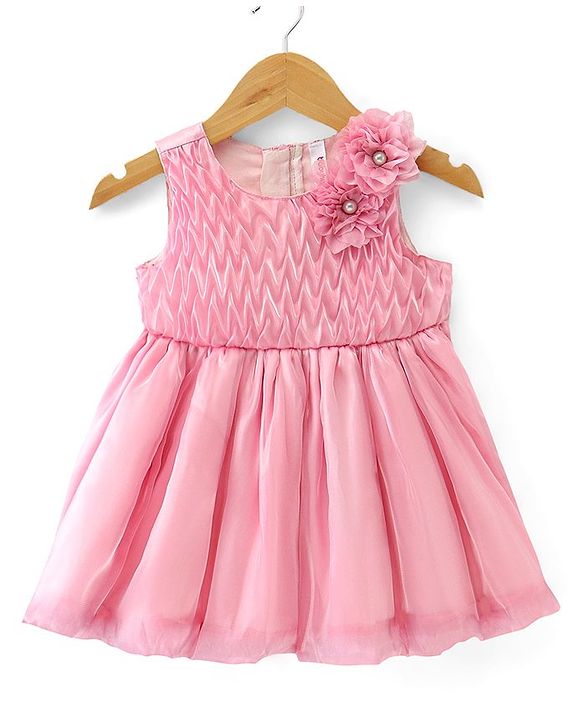 Babyhug Woven  Sleeveless Fit & Flare Party Frock with Floral Corsage - Pink
