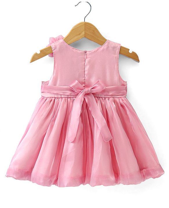 Babyhug Woven  Sleeveless Fit & Flare Party Frock with Floral Corsage - Pink