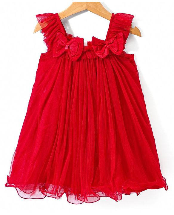 Babyhug Woven Frill Sleeves A Line Party Dress With Bow Applique - Red