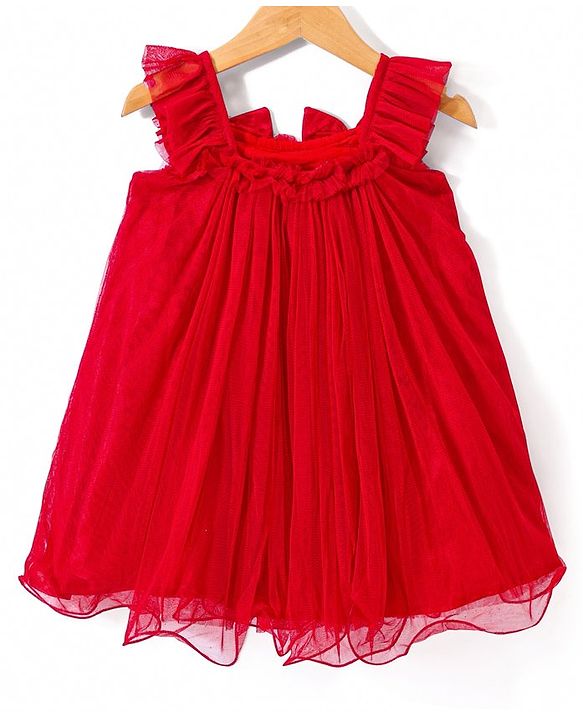 Babyhug Woven Frill Sleeves A Line Party Dress With Bow Applique - Red