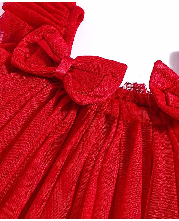 Babyhug Woven Frill Sleeves A Line Party Dress With Bow Applique - Red