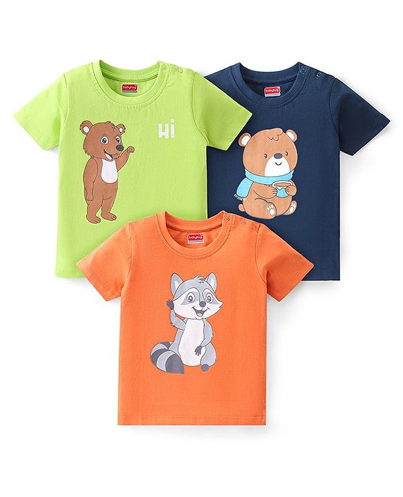 Babyhug Cotton Knit Half Sleeves T-Shirt Bear Graphics Pack Of 3 - Blue Green & Orange