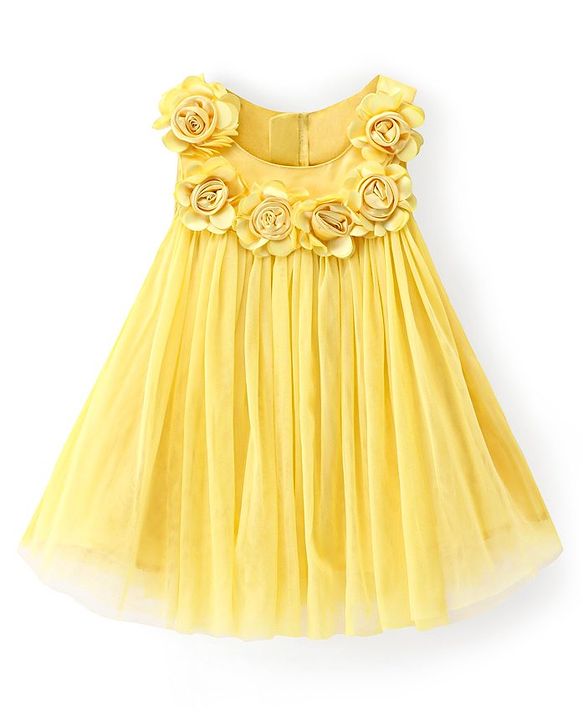 Babyhug Woven Sleeveless  A Line Dress With Floral Corsage Applique - Yellow