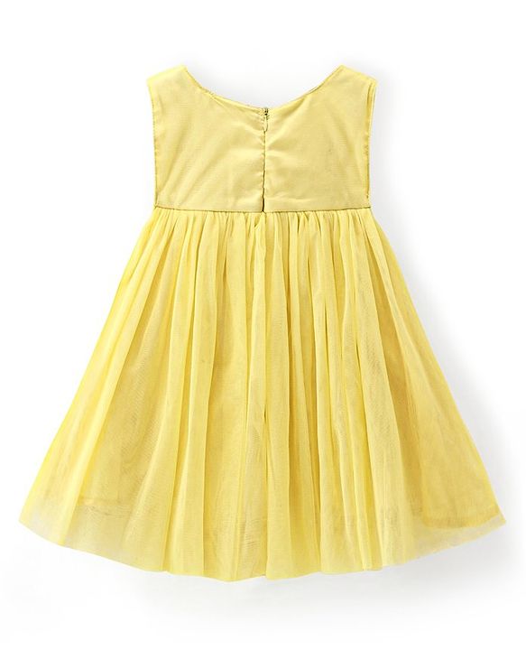 Babyhug Woven Sleeveless  A Line Dress With Floral Corsage Applique - Yellow