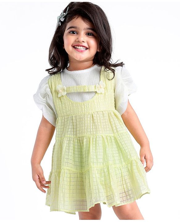 Babyhug Half Sleeves Party Frock with Floral Applique - Green & White
