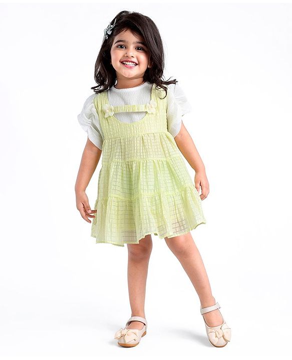 Babyhug Half Sleeves Party Frock with Floral Applique - Green & White