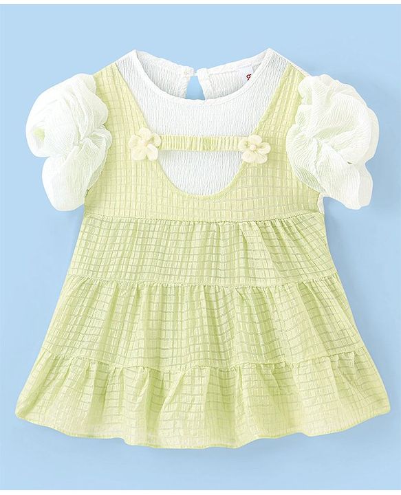 Babyhug Half Sleeves Party Frock with Floral Applique - Green & White