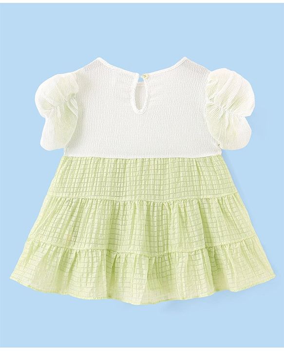 Babyhug Half Sleeves Party Frock with Floral Applique - Green & White