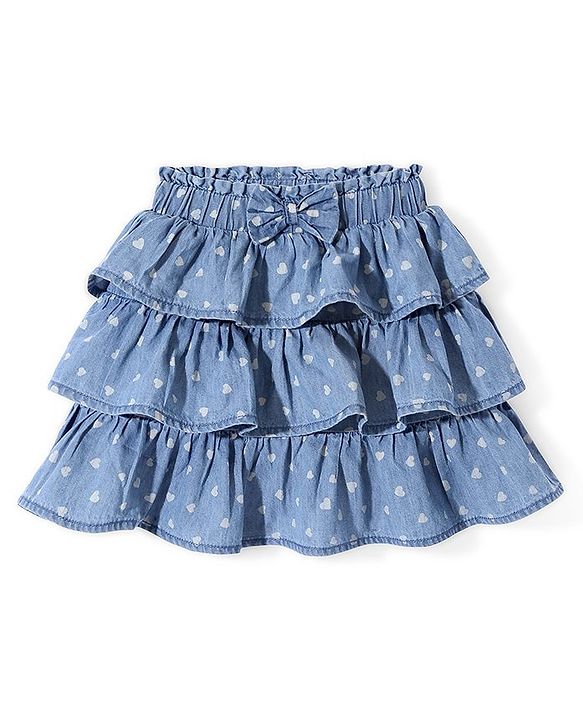 Babyhug Mid Thigh  Denim Layered Skirt Bow Detailing & Heart Print with Stretch  - Blue