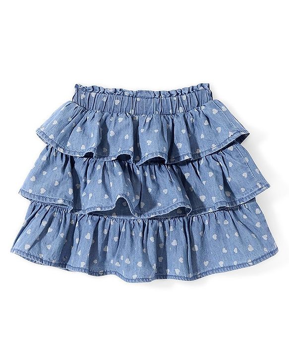 Babyhug Mid Thigh  Denim Layered Skirt Bow Detailing & Heart Print with Stretch  - Blue