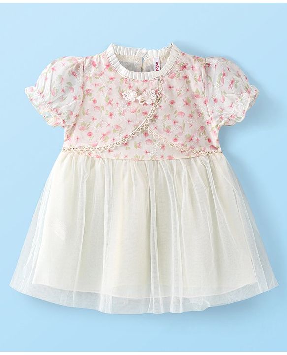 Babyhug Half Sleeves Frock with Floral Print & Embroidery - Off White